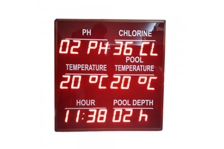 İngilizce Havuz Saat-Derece-Nem-Klor-PH Tabelası, Kasa: 70x70 cm
