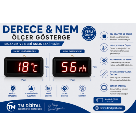 Displayli Dijital Derece ve Nem Göstergesi , Kasa: 7x17 cm-Kırmızı