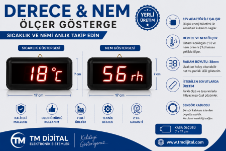 Displayli Dijital Derece ve Nem Göstergesi , Kasa: 7x17 cm-Kırmızı