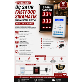  Üç Satır Fastfood Sıramatik (Numaratör) Sistemi Kablosuz
