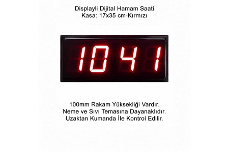 Displayli Dijital Hamam Saati, Kasa: 17x35 cm-Kırmızı Displayli Dijital Hamam Saati, Kasa: 17x35 cm-Kırmızı