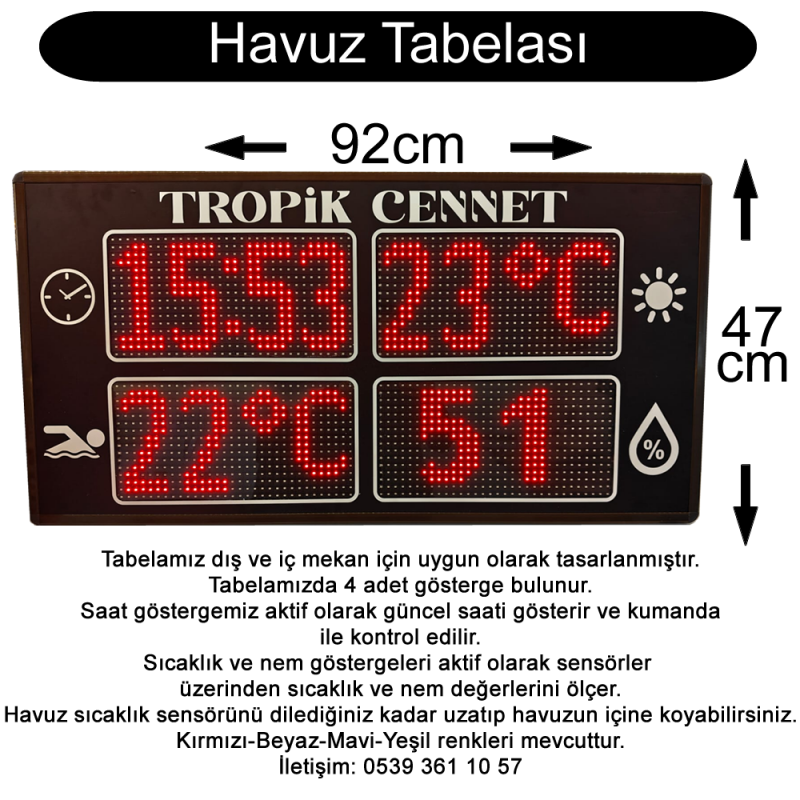 İç ve Dış Mekana Uygun Dijital Ledli Havuz Tabelası 92x47cm 