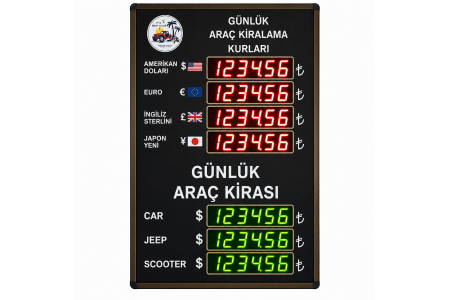 Rent a Car Fiyat ve Döviz Panosu Kasa Ölçüsü: 70x45 cm