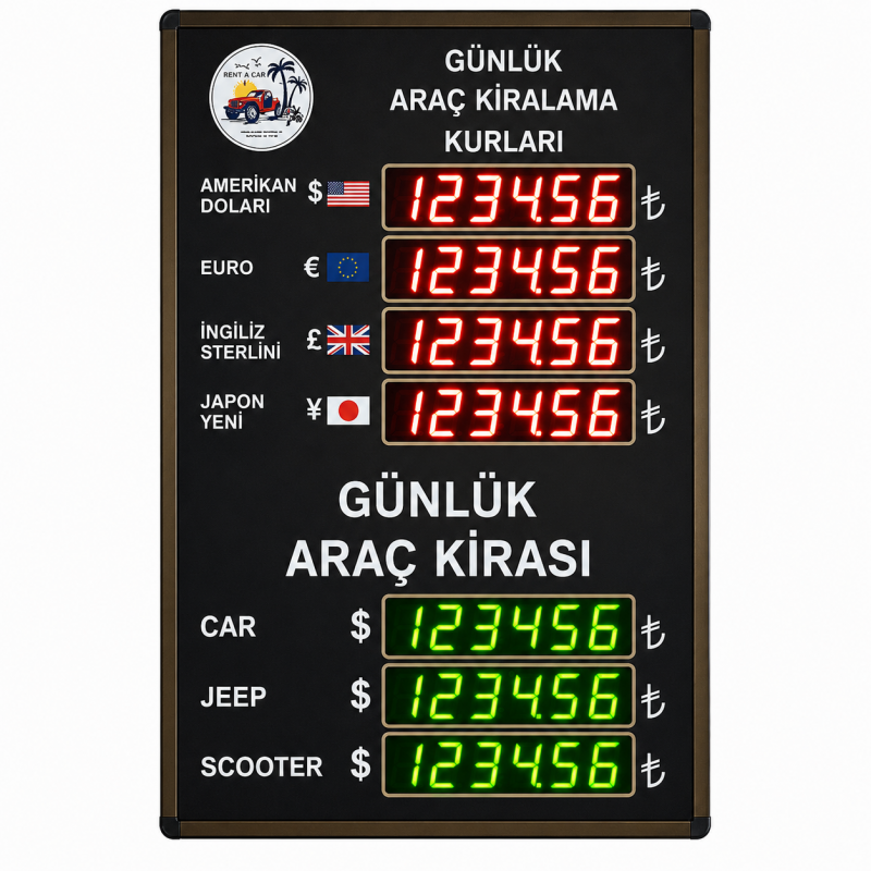 Rent a Car Fiyat ve Döviz Panosu Kasa Ölçüsü: 70x45 cm